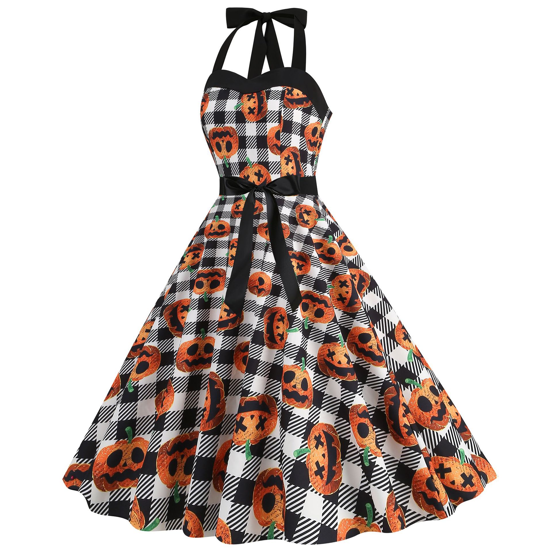 Women Sleeveless Halter Print Halloween Dresses Elegant Festival Party Costumes